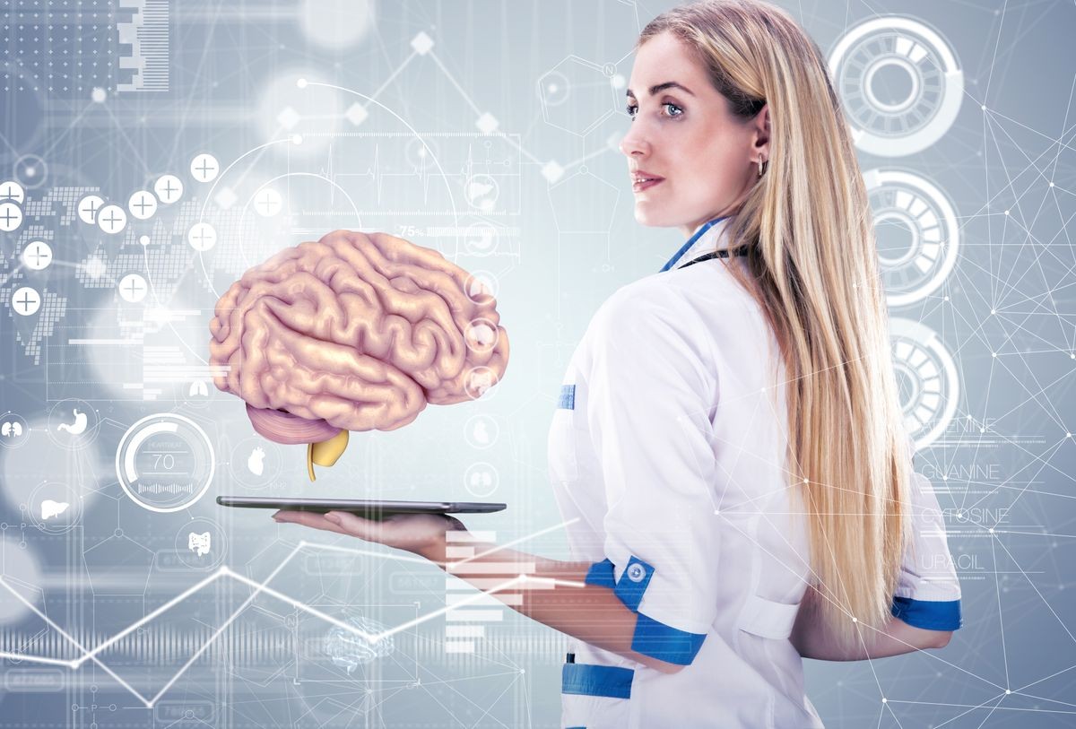 Double Exposure, Doctor holding human organs ( brain) and tablet , gray background. High resolution.